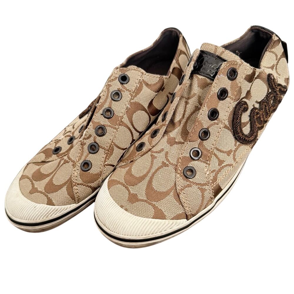 Coach, Size 8.5, "Keeley" Brown Signature "C" Slip-On Sneakers, Laceless Design